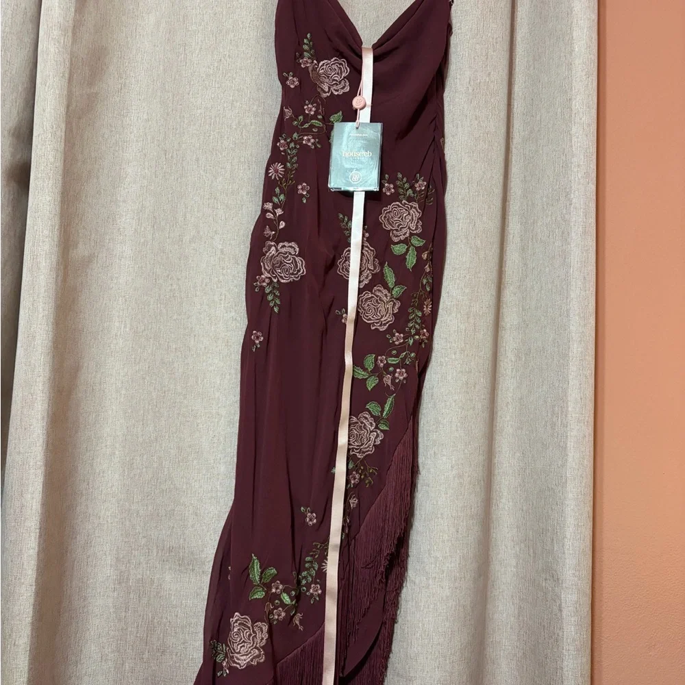 House of CB Burgundy Asymmetrical Dress with Floral Design-Eloisa - Picture 5 of 5